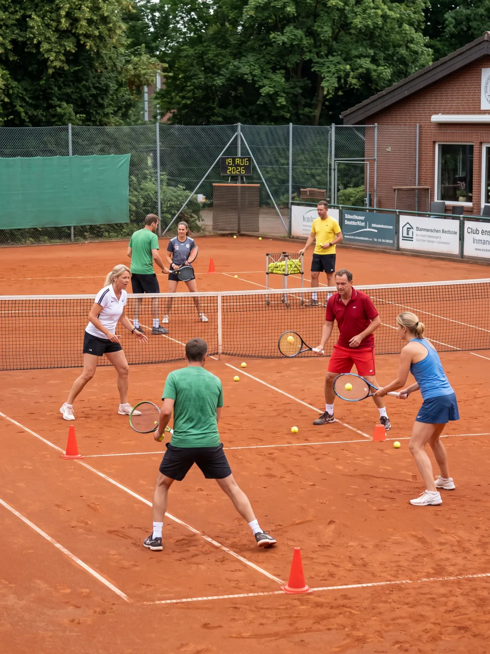 Erwachsene trainieren gemeinsam mit einem Trainer auf einem Sandplatz