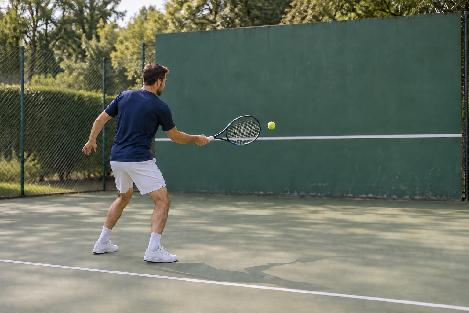 Tennisspieler übt allein einen kontrollierten Vorhandschlag an einer Trainingswand.