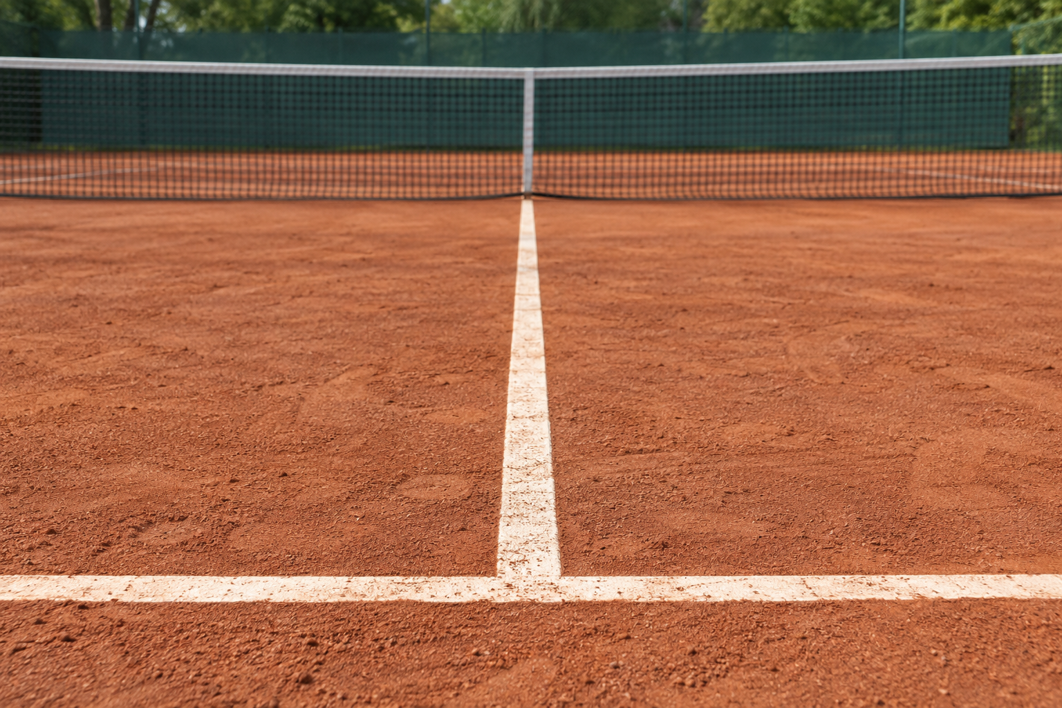 Aufschlaglinie und Aufschlagmittellinie bilden ein T auf einem Sandplatz; dahinter steht das Tennisnetz.