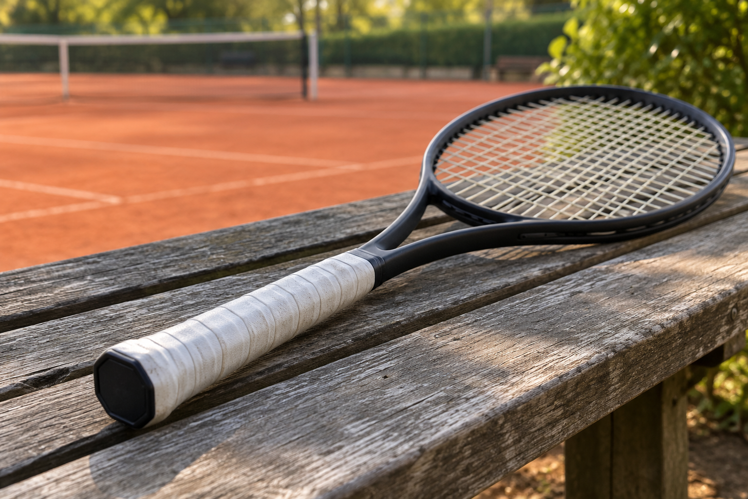 Tennisschläger mit weißem Griffband und dunkler Abschlusskappe auf einer Holzbank.