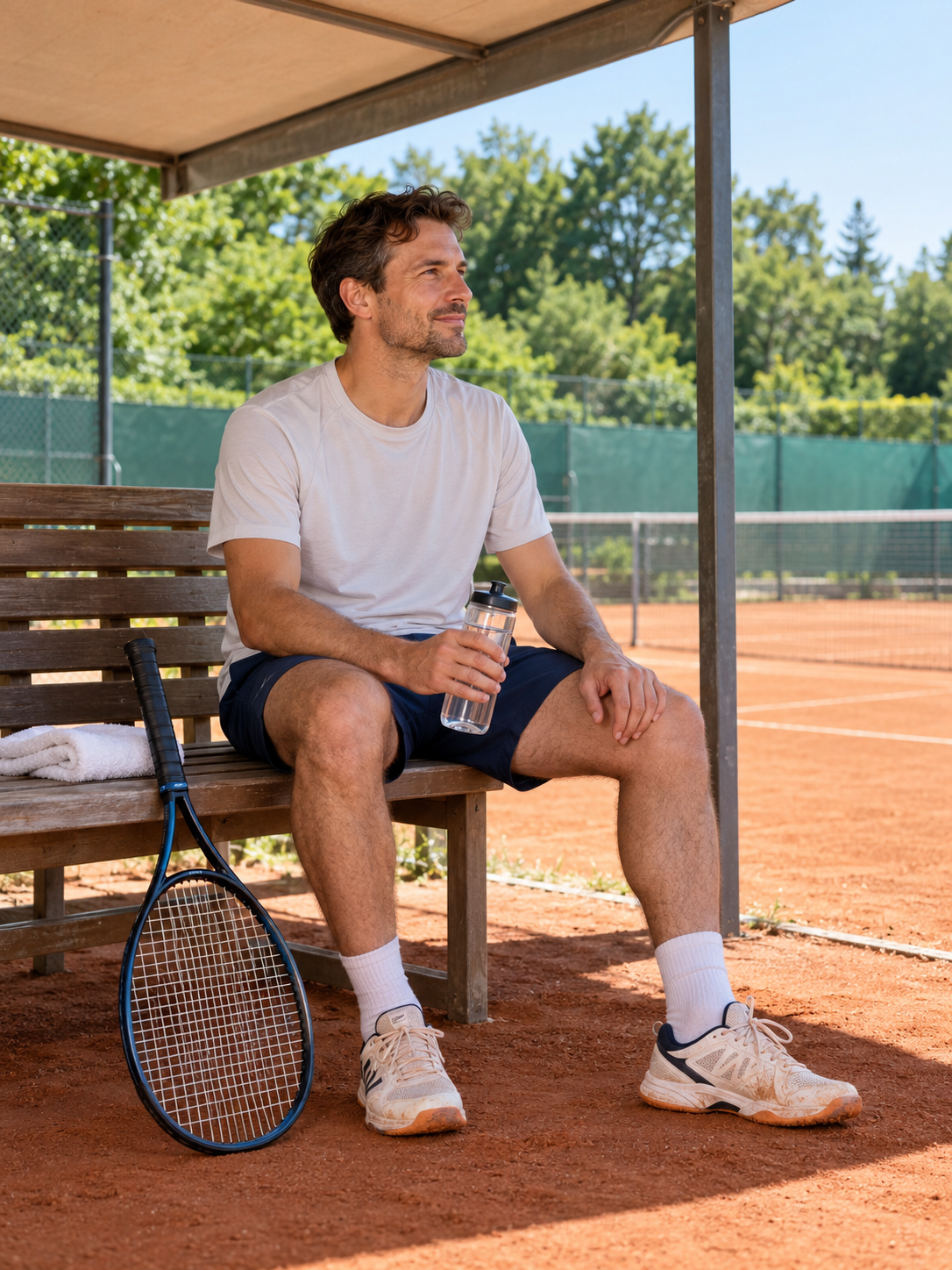 Tennisspieler mit Wasserflasche auf einer Bank unter einer Überdachung am Sandplatz; daneben lehnt sein Schläger.